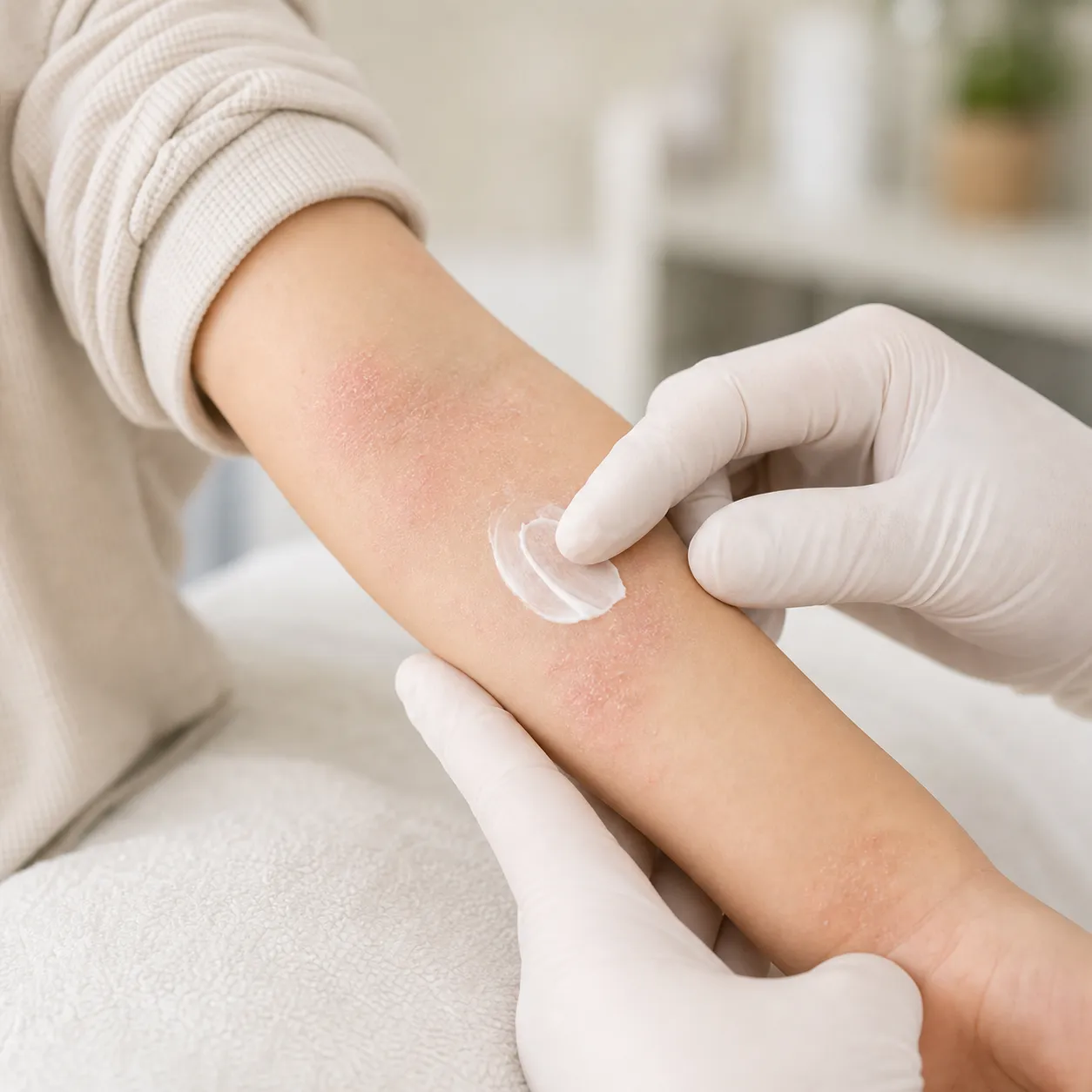 Pflege bei Neurodermitis am Kinderarm